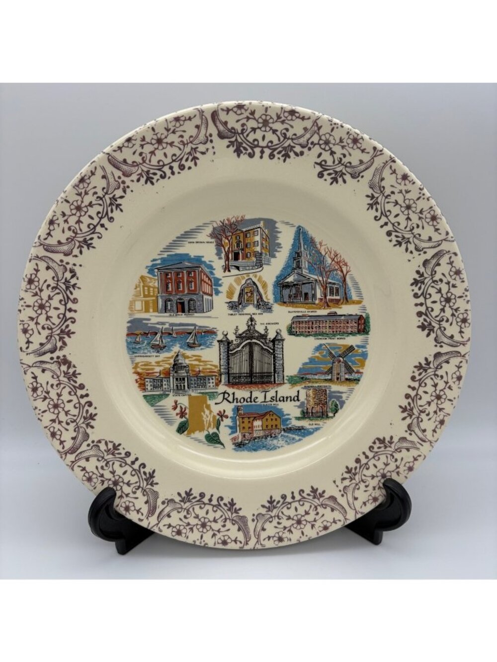 Vintage Rhode Island Souvenir Plate Landmarks 10.25 Inch Midcentury Travel Decor